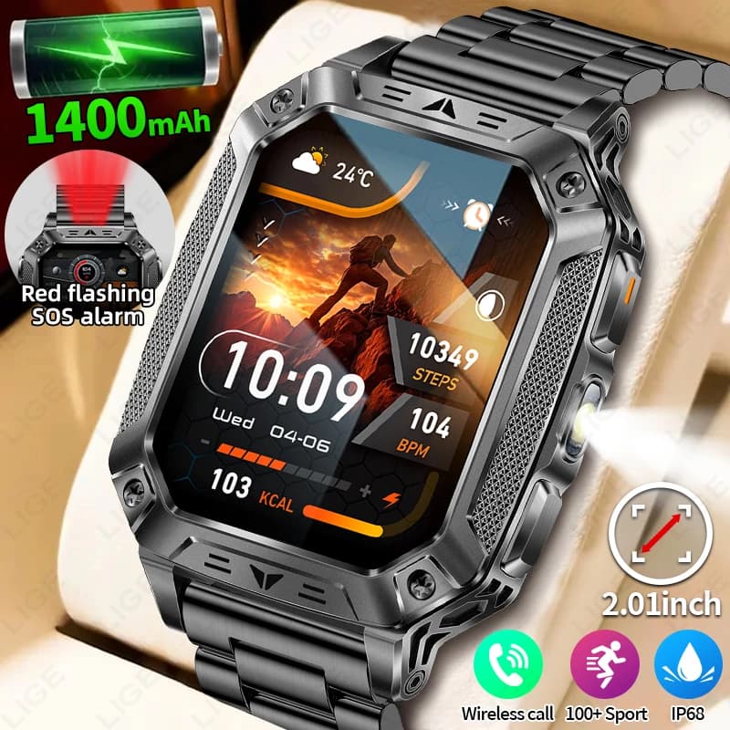 Nuovo Orologio Intelligente Militare Robusto per Uomo, Batteria Grande da 1400mAh, Monitoraggio Frequenza Cardiaca e Ossigeno nel Sangue, Torcia, SOS, Impermeabile