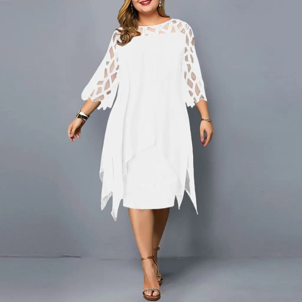 Chiffon Dress with Lace Edge, Asymmetric Sleeves, Midi Length, Elegant For Office, Casual, Summer, From Feast, Fluid Shirt