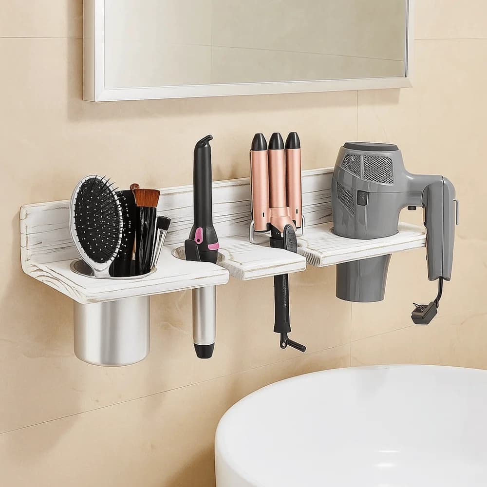 Practical Wall-Saving Wood Hair Dryer, Elegant Bathroom Plate and Phon Support