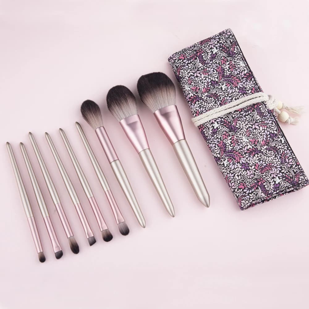 9 Pcs Luxury Metal‑Handle Makeup Brush Set Soft Gradient Bristles Foundation Eyeshadow Brushes With Floral Storage Pouch