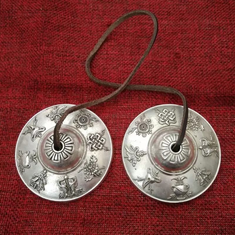 Tibetan Eight Auspicious Symbols Tingsha Cymbals, Silver Alloy Buddhist Meditation Bell Chimes for Prayer Ritual