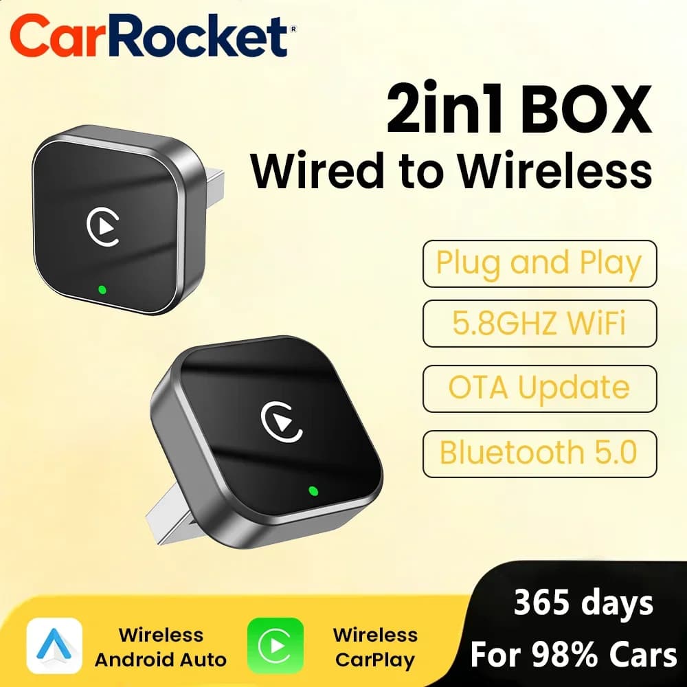 CarRocket NUOVO Adattatore Wireless CarPlay 2in1 per Sistemi Auto Intelligenti Android, Android Auto WiFi, Connessione Automatica, Plug and Play, Box AI