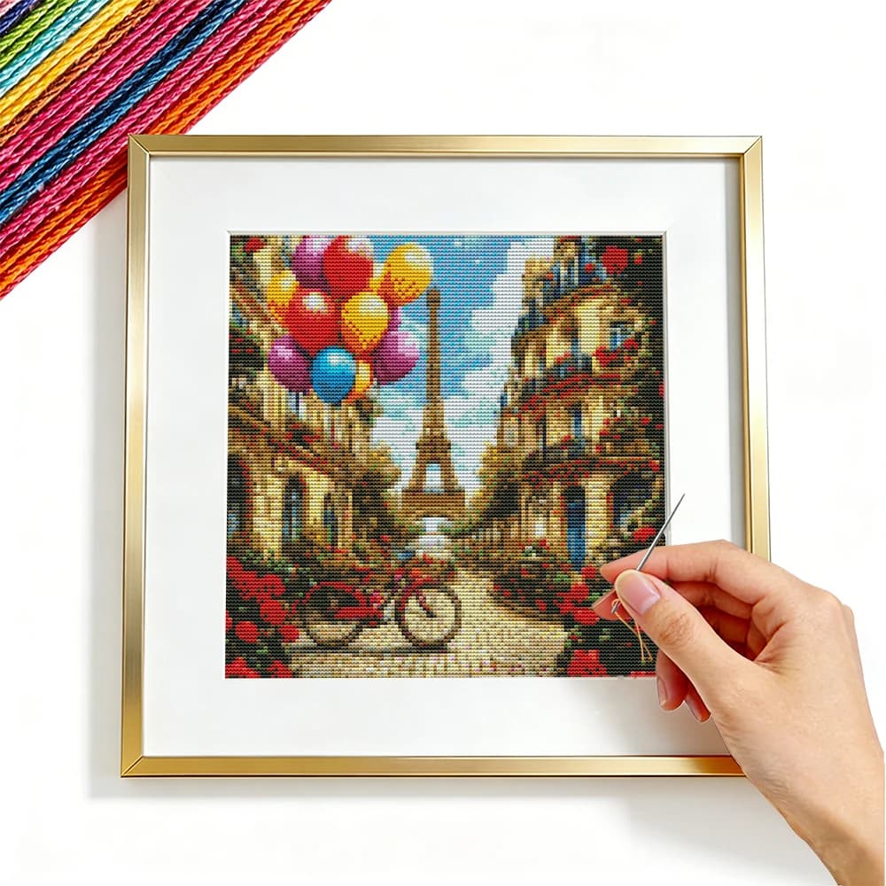 Kit Ricamo Punto Croce Paesaggio Urbano con Torre e Rose, Tela Stampata 11CT DMC, Decorazione Murale per la Casa