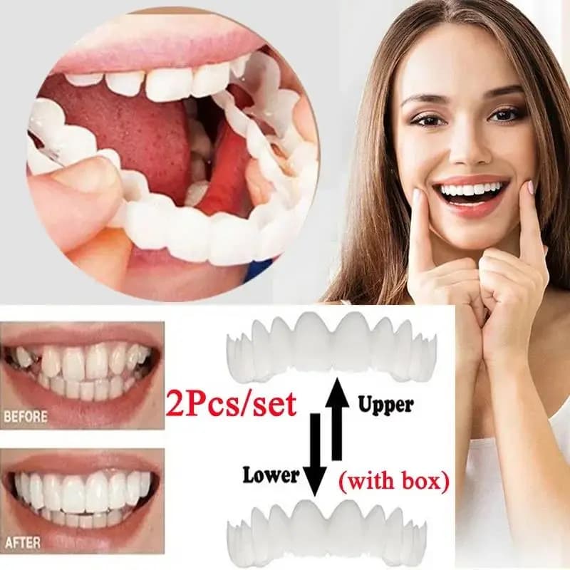 Nuovo Set di 2 Pezzi di Apparecchi Flessibili in Silicone per Sbiancamento Denti, Simulazione Dentiera Superiore e Inferiore con Scatola, Sorriso Realistico Perfetto