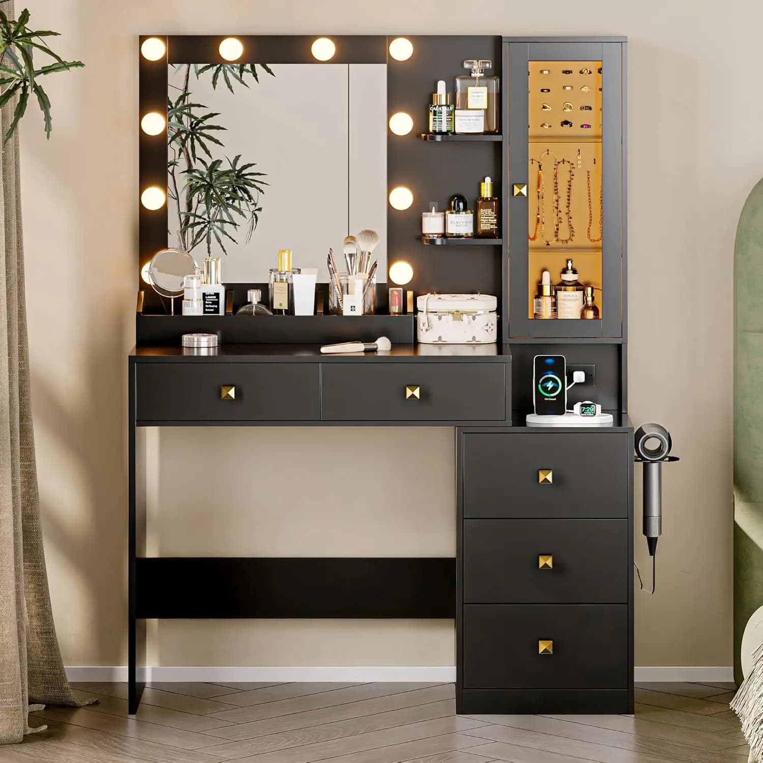 Toeletta con Specchio e Luci, Set Vanity Nero con 5 Cassetti, Organizzatore di Gioielli e LED
