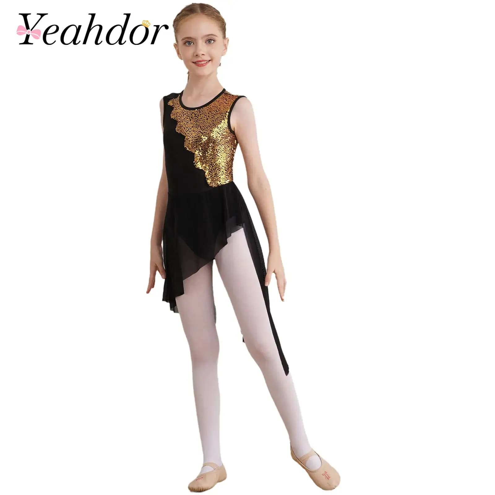 Costume da ballo lirico per bambini Vestito da balletto tutu per ragazze per bambini Paillettes lucide Body da ginnastica senza schienale Vestito da pattinaggio artistico su ghiaccio