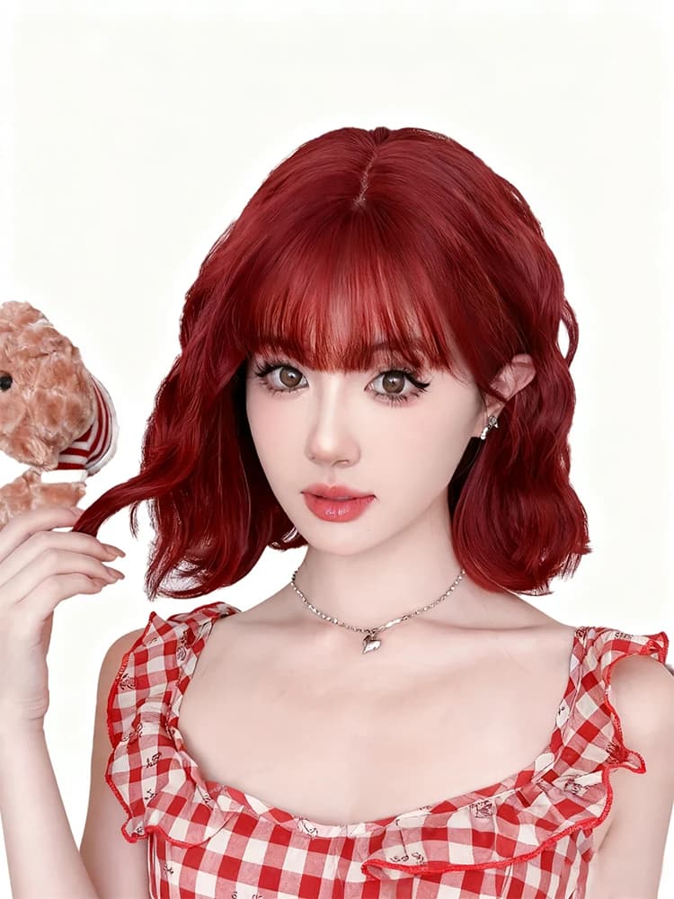 Parrucca da donna auricolare completo corto riccio rosso lampone capelli corti ricci pigri moda auricolare completo parrucca in fibra sintetica