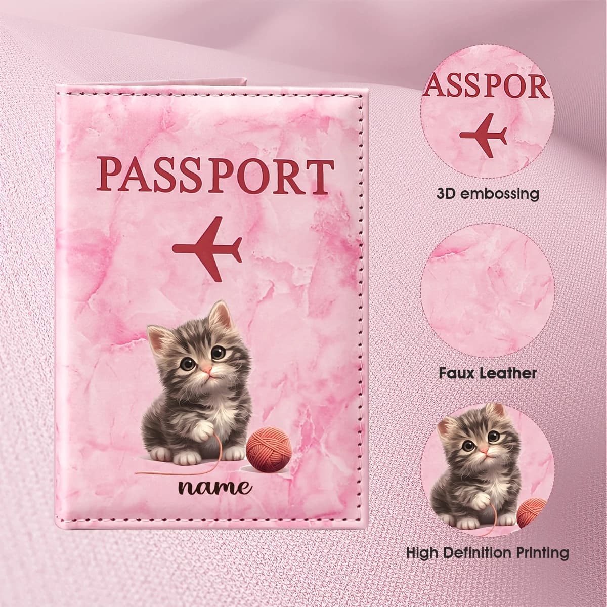 Personalized Name Customization Cute Cat Knitted Ball Illustration Design PU Passport Holder, Featuring Adorable Kittens