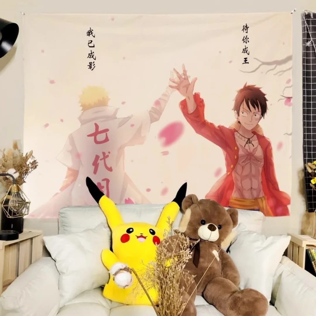 Anime Crossover Decor Tapestry Naruto Uzumaki and Monkey D Luffy Themed Wall Hanging Decorative Wall Cloth for Room Decor