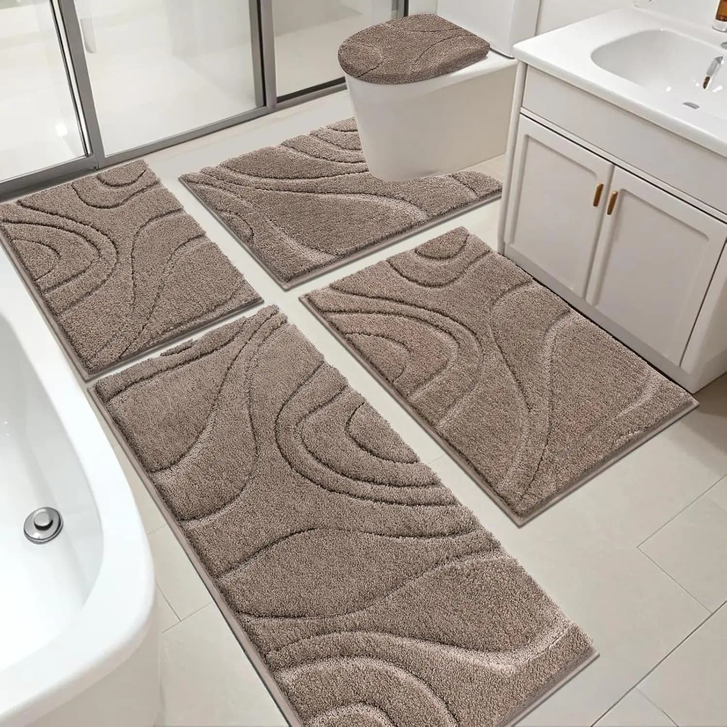 Set di Tappeti da Bagno HEBE 5 Pezzi, Morbido Tappetino Assorbente in Microfibra per Bagno, Set di Tappeti Antiscivolo Lavabili con Asciugamano