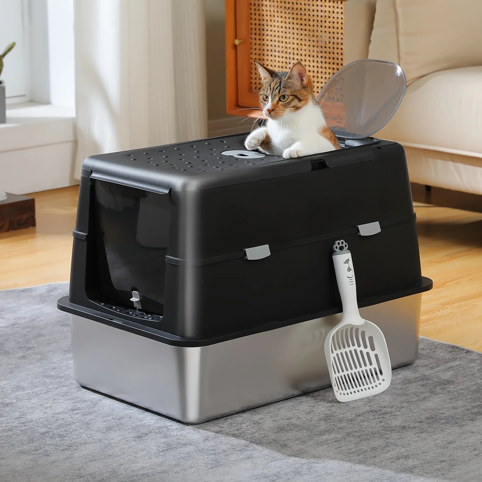Lettiera per Gatti XL Extra Large in Acciaio Inossidabile - Bordi Alti 16 Pollici Anti-Perdita, Doppio Ingresso Anteriore/Superiore, Paletta, Design a Doppia Porta e Rimovibile, Adatta per Gatti da Interno