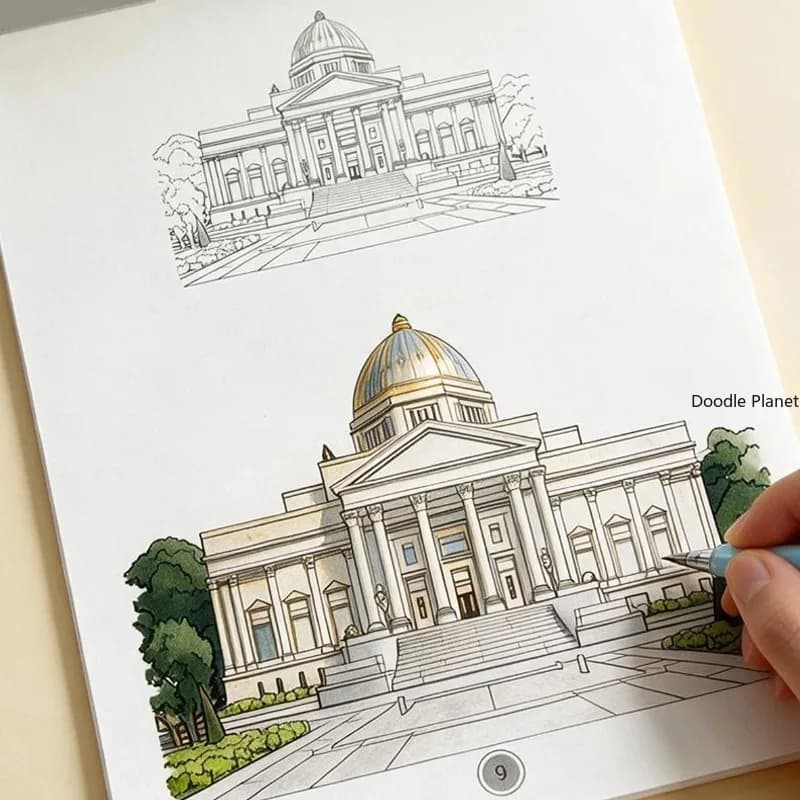 A Coloring Book for Copying World Scenic Architecture, 24 Different Patterns, for Sketching, Pen Control, and Relaxing Painting