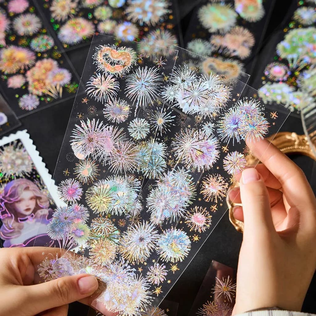 Journamm 3 pezzi adesivi a tema fuochi d'artificio materiale PET fai da te scrapbooking collage cancelleria decorazione adesivo estetica diario spazzatura