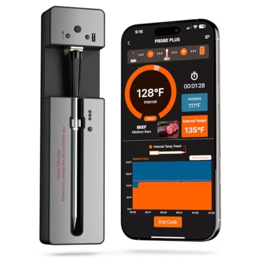 Termometro per Carne Wireless Bluetooth Intelligente Aggiornato con Sonda Ultra-Sottile, 6 Sensori, Termometro Digitale per Alimenti ad Alta Precisione, Risposta Istantanea 0,5S