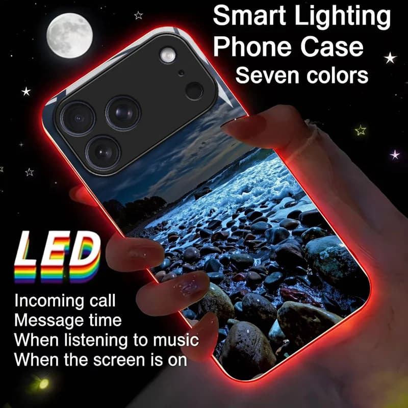 Rocky Beach Wave Luminous Glass LED Call Light Up Flash Phone Case Cover For iPhone 17 Pro Max 16 Pro Max Air 17E 16E 15 14 13 12 11 Pro XS XR Max Plus 7 8 Plus SE Cover Case