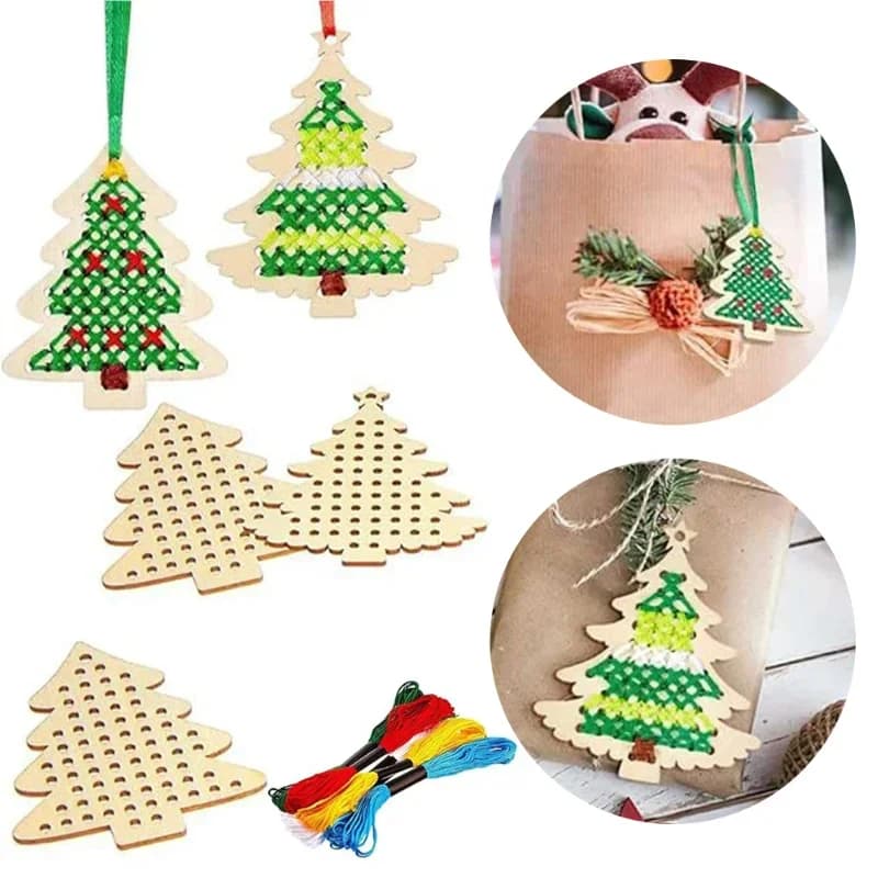 DIY Sewing Cross Stitch Kit - Wooden Pendant Needlepoint Christmas Tree Decor Art And Crafts