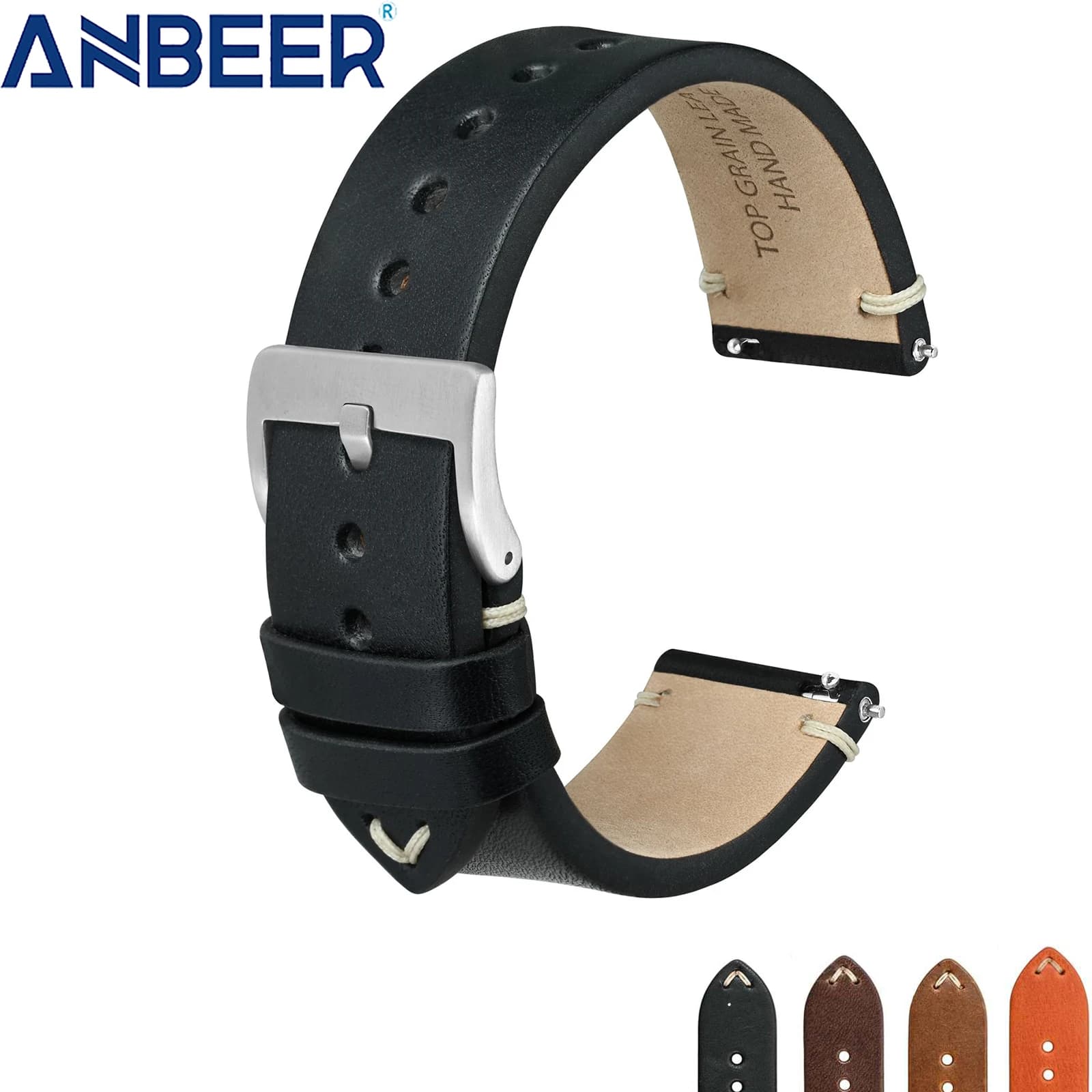 ANBEER Cinturino per orologio militare in pelle, cinturino per orologio da uomo 18mm 20mm 22mm, cinturino per orologio sostituibile, fibbia in acciaio inossidabile argento