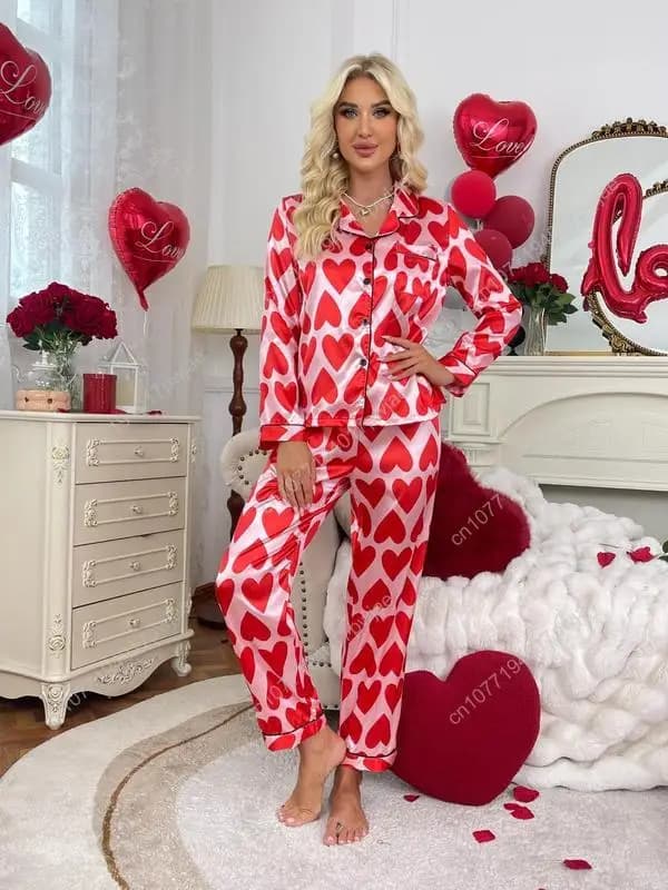 Two-piece Women's Shirt with Front Pocket with Printed Buttons and Elastic Waist Pants Satin Pants, Comfortable Casual Lape with Long Sleeves