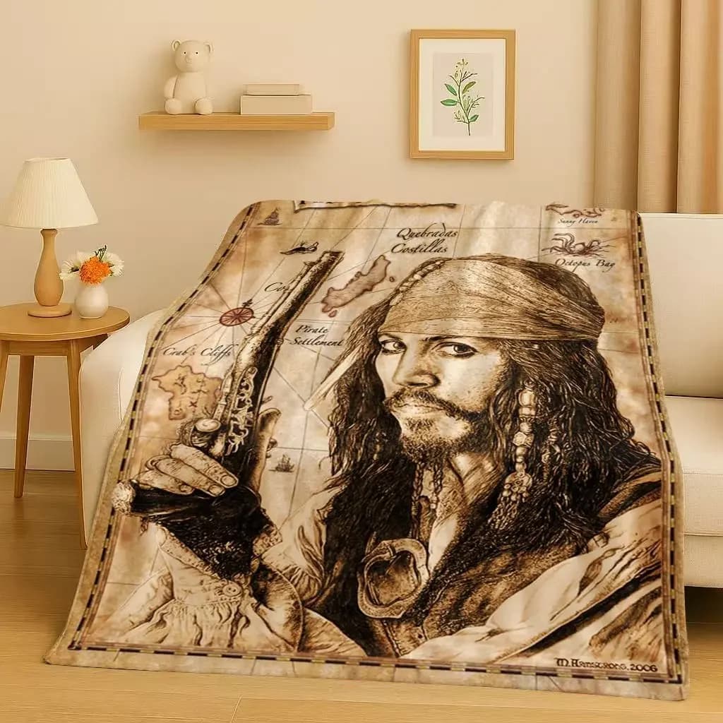 3D Pirates of The Caribbean Jack Sparrow Johnny Depp Christmas Flannel Blanket,Soft Plush Throw for Home Bedroom Bed Sofa