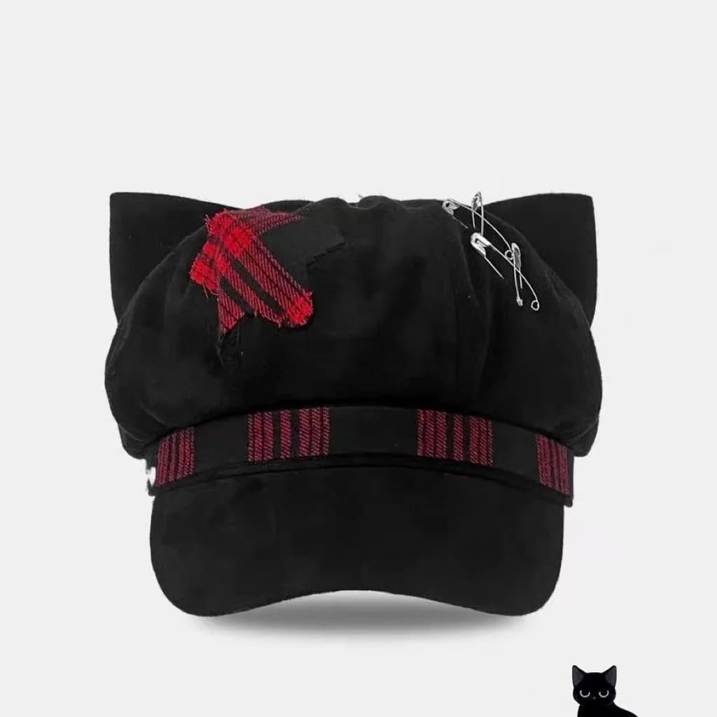 Black Cat Ear Newsboy Cap for Women Black‑Red Plaid Patch Safety Pin Stripe Ribbon Brim Y2K Punk Alt Harajuku Streetwear Hat