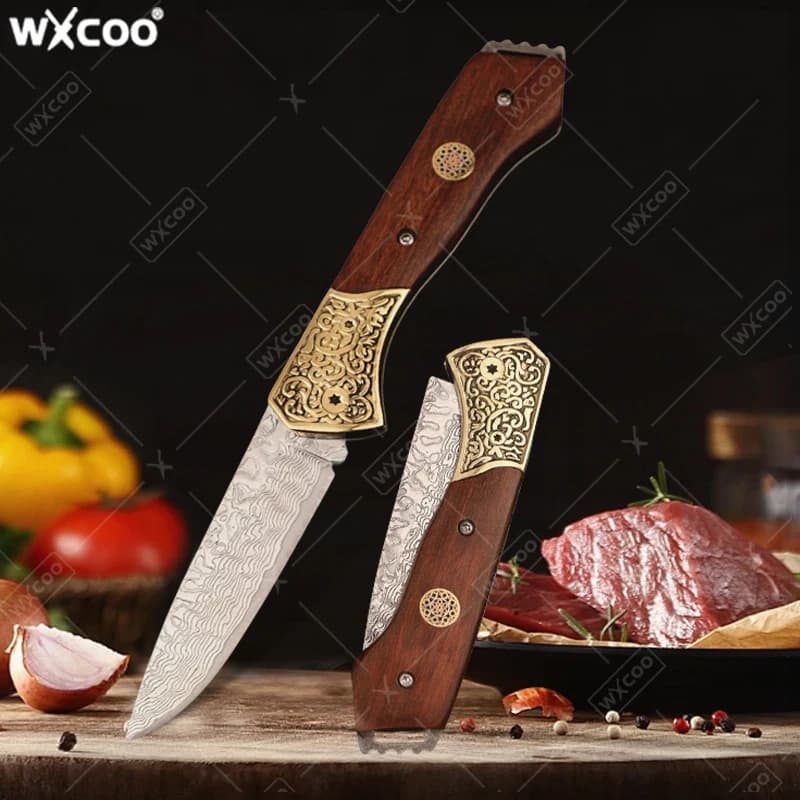 Coltello da frutta pieghevole modello Damasco Taglio carne Affettare frutta Verdura Coltello per disossare Coltelli da cucina con manico in legno in acciaio inossidabile
