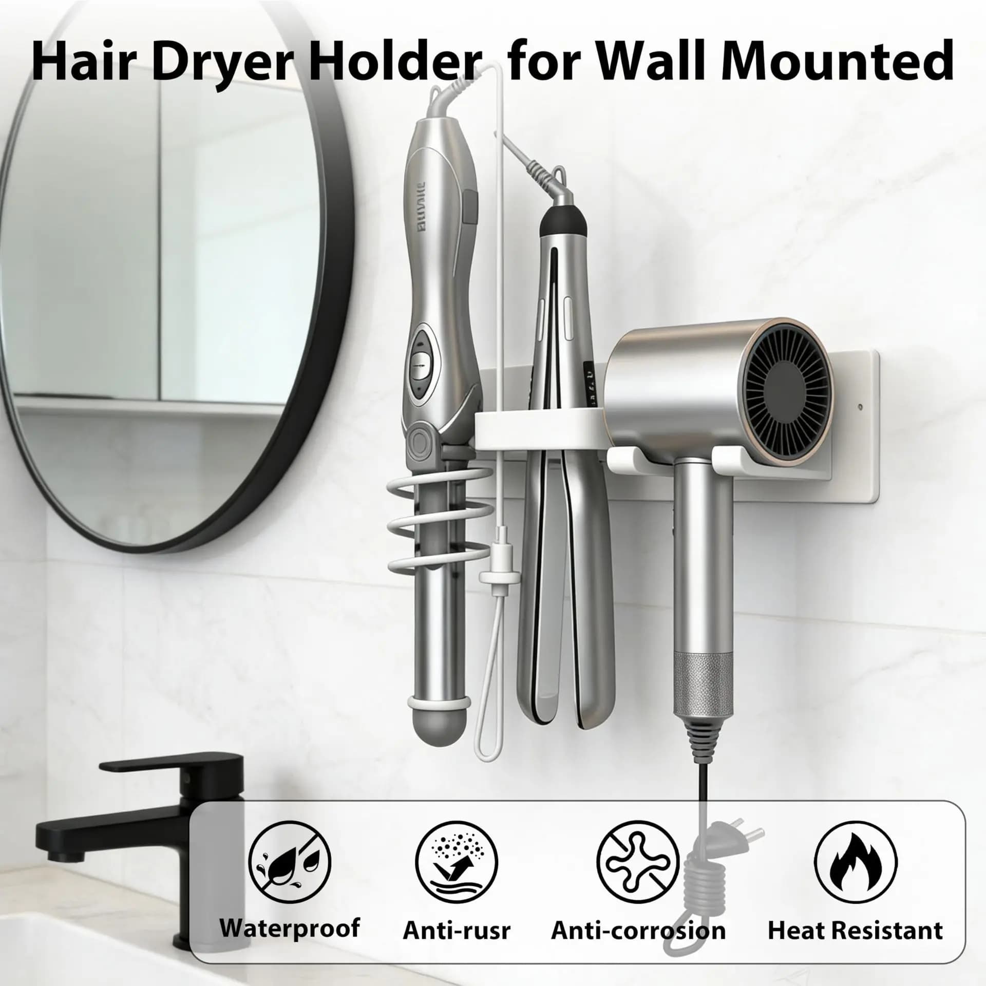 Hair Dryer Holder – No-Drill Wall Mount Bracket for Bathroom, Storage Rack for Hair Straightener, Curling Iron, Styling Tools