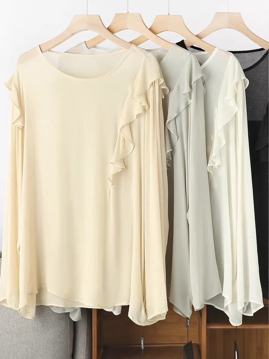 Camicetta Leggera da Donna con Volant, Blusa in Chiffon Morbido, Top Elegante da Ufficio, Maglia Primaverile a Maniche Lunghe, Blusas Mujer