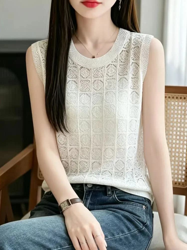 White Lace Hollow Knitted Summer Top Women's Loose Sleeveless Vest Fashionable Ice Silk round Neck Open Front Style