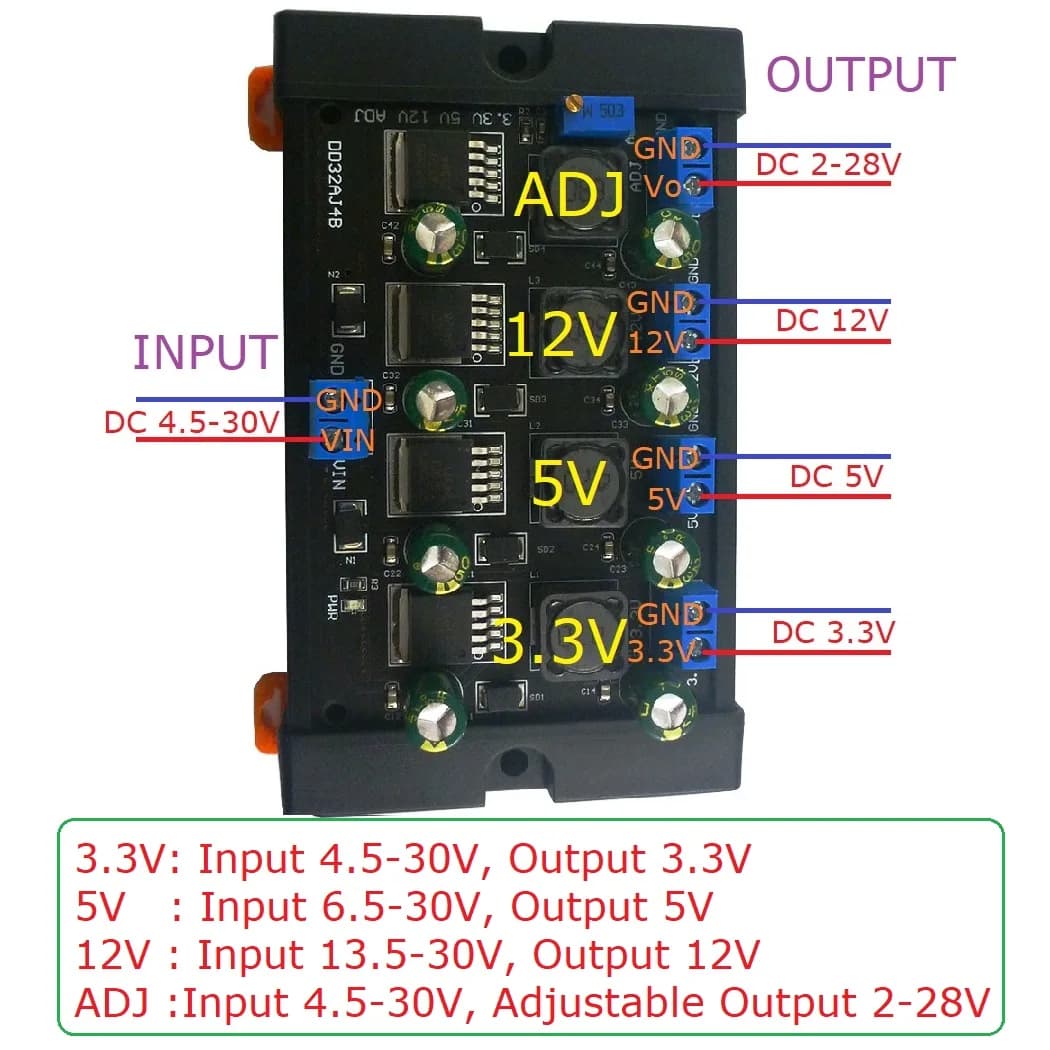 4CH 3A 3.3V 5V 12V ADJ DC DC modulo convertitore Buck alimentatore a commutazione multipla con custodia su guida DIN per PLC UPS Power Bank
