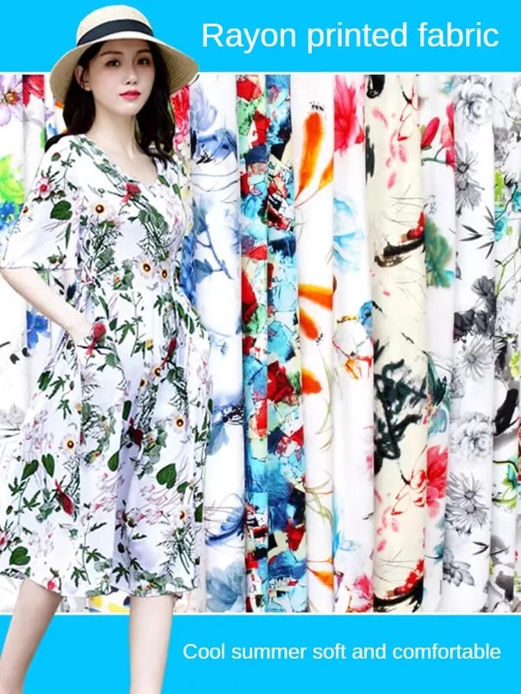 Summer Rayon Printed Fabric Per Meter for Needlework Pajamas Dress Skirt T-shirt Pants Diy Sewing Thin Soft Smooth Cloth Floral