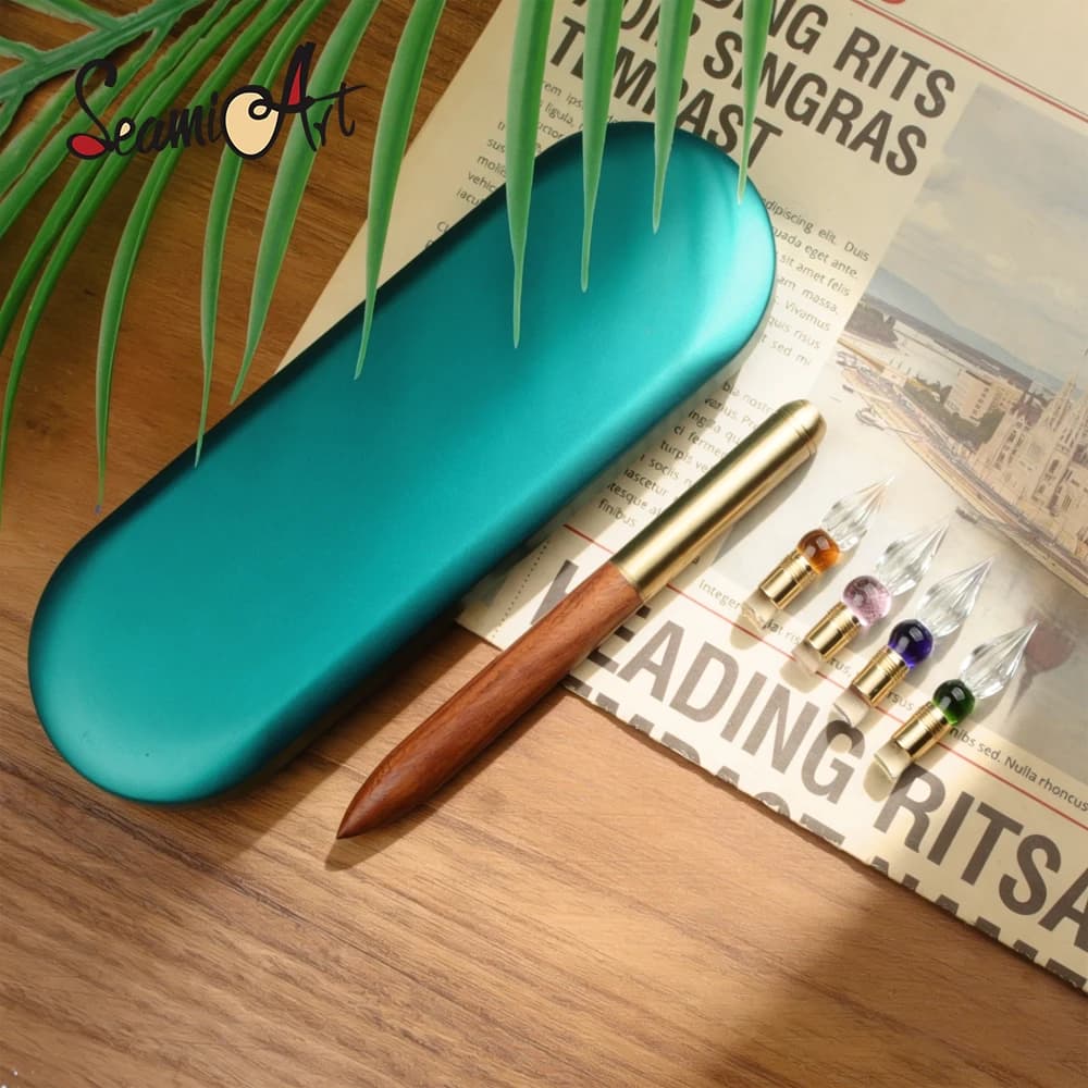 SeamiArt 1pc Wood Handle with 5pcs Replaceable Glass Nibs Dip Pen Set for Calligraphy Students Writing Stationery Supplies