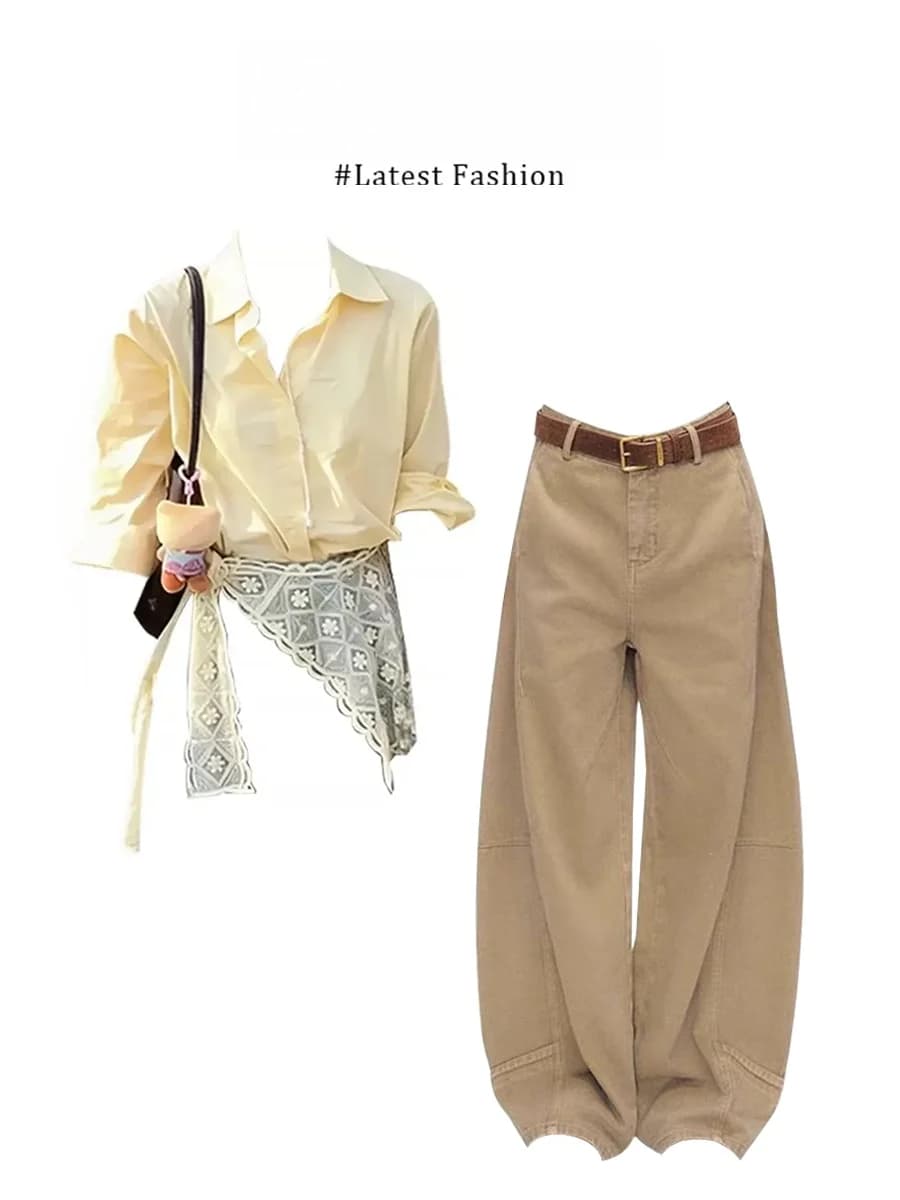 Parkyeon Collar Shirt with Lace Trim And Khaki Jeans Women's Fashion Set Casual Style mid Waist Long Sleeve Loose Fit