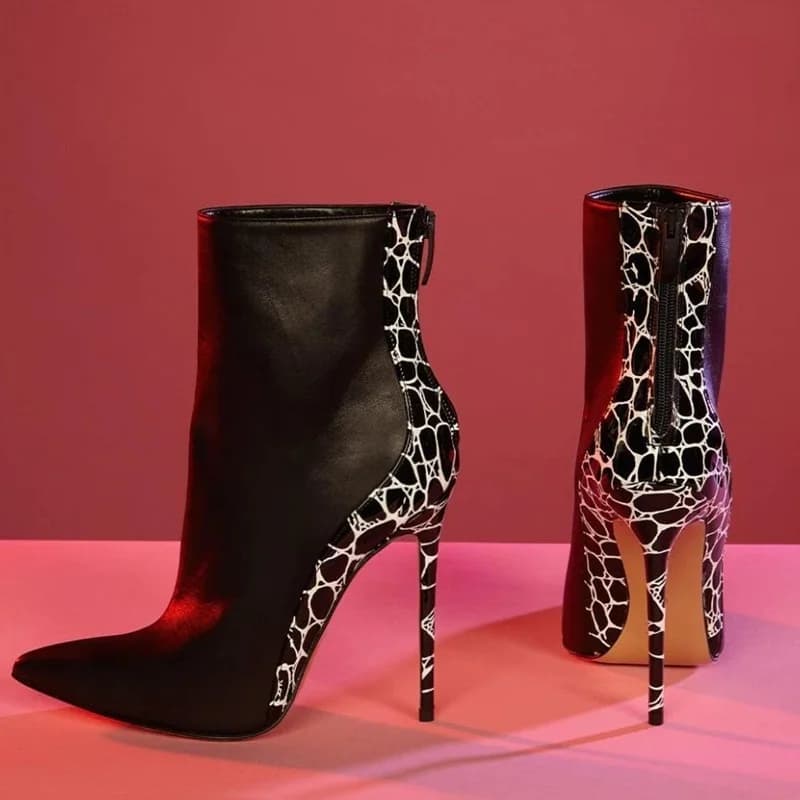 Stivaletti in Pelle Stampata Bianca e Nera con Patchwork, Punta Affusolata, Tacco a Spillo 12CM, Stivali Moderni da Donna per Primavera e Autunno