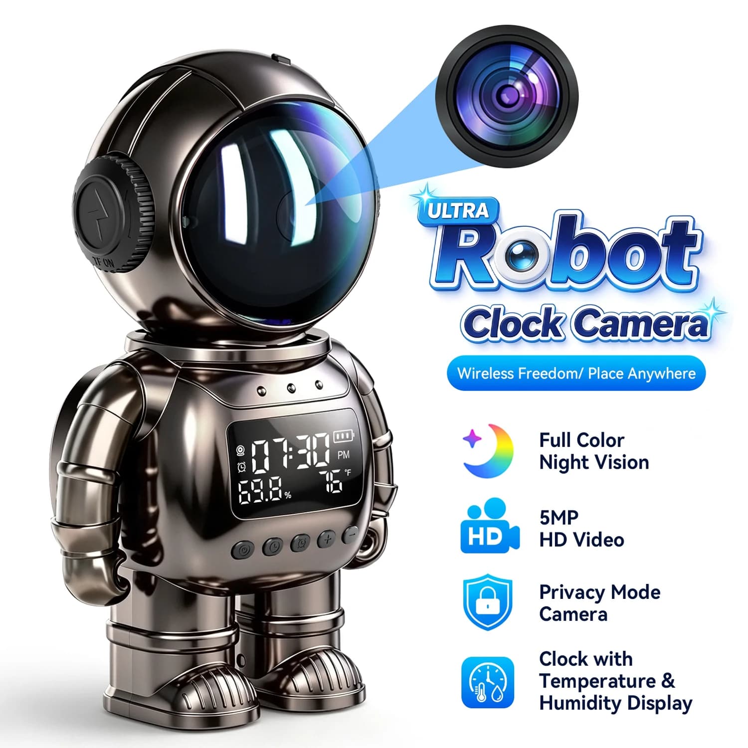 3-in-1 Smart Astronaut Clock Cam: 5MP Indoor + Temp/Humidity, Dual-Band WiFi, Night Vision, Motion Detect, Pet/Baby Monitor