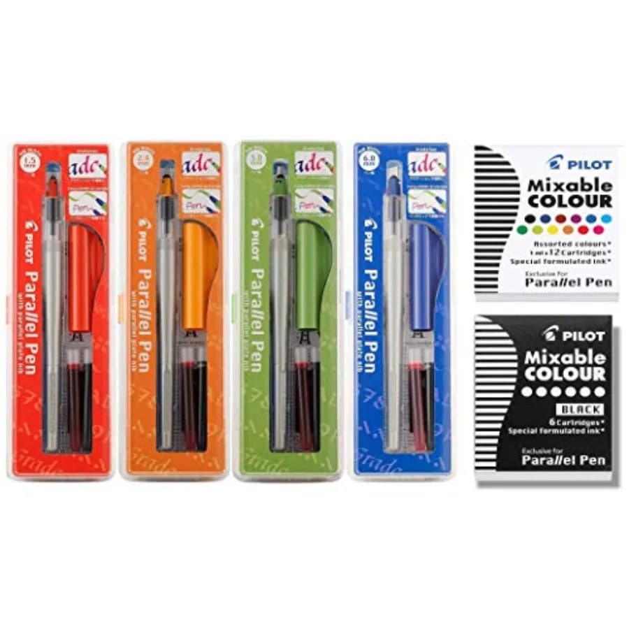 Parallel Calligraphy Pen Set, 1.5 mm, 2.4 mm, 3.8 mm and 6 mm with Bundle Ink Cartridge Plus 1 Extra Pack of 12 ASST Refills an