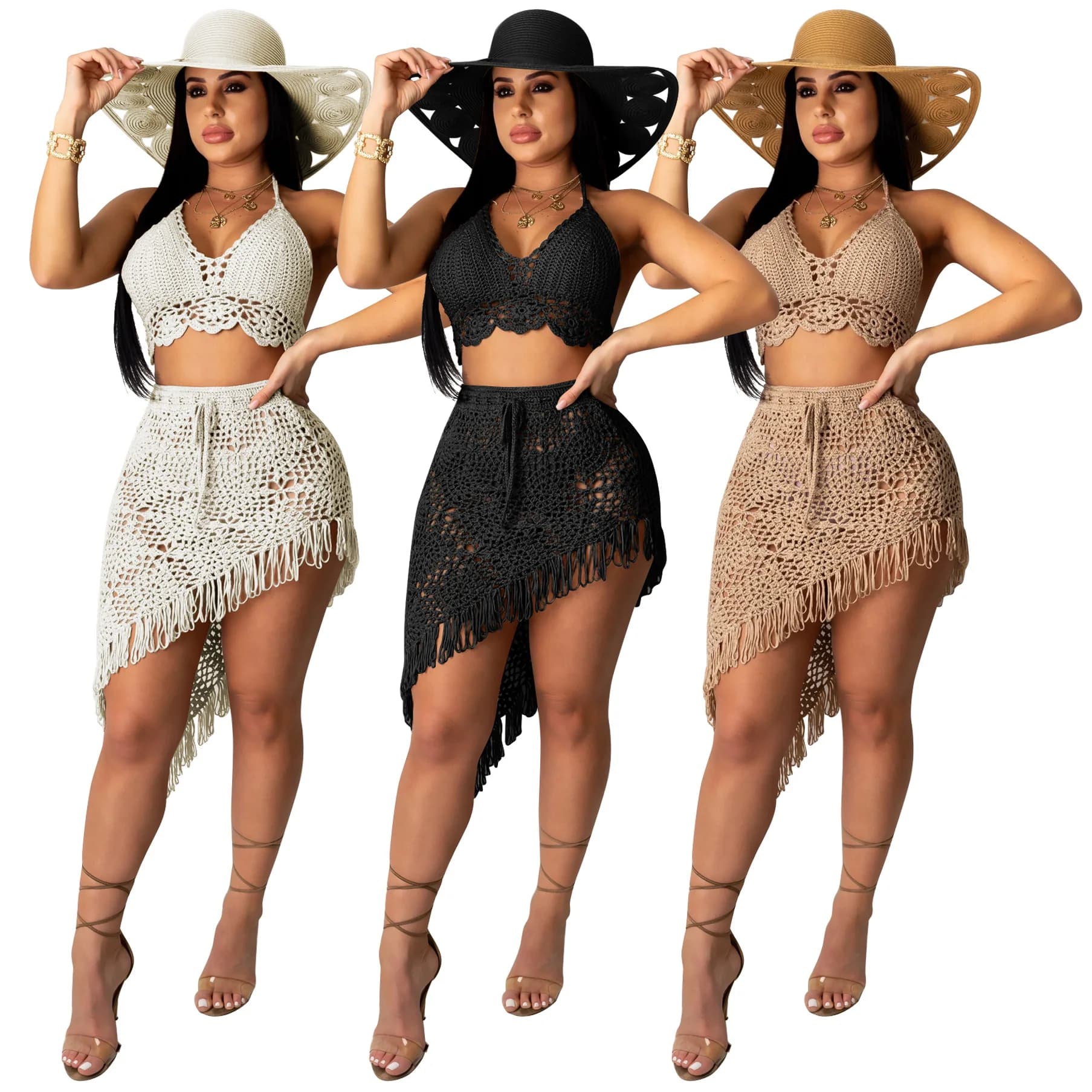 Casual Fringe Beach Swimsuit Cover up Set Women's Fashion Ensemble Summer 2020 Trendy Outfit Blouse Beachwear Ensemble
