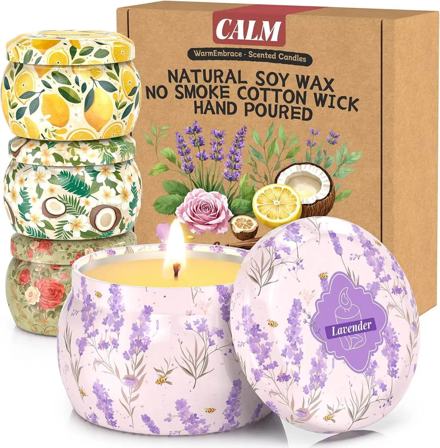 Set di 4 Candele di Soia, 125g Ciascuna, Lavanda/Cocco/Vaniglia/Limone, Lunga Durata 120h, Combustione Pulita, Pronte per Regalo