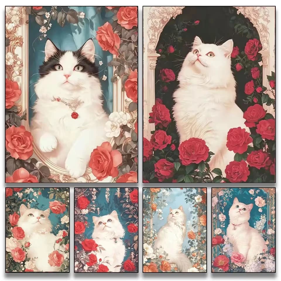 DIY Diamond Painting Mosaic White Cat with Rose Full Square Round Drill Diamond Art Embroidery Kit Wall Decor Gift