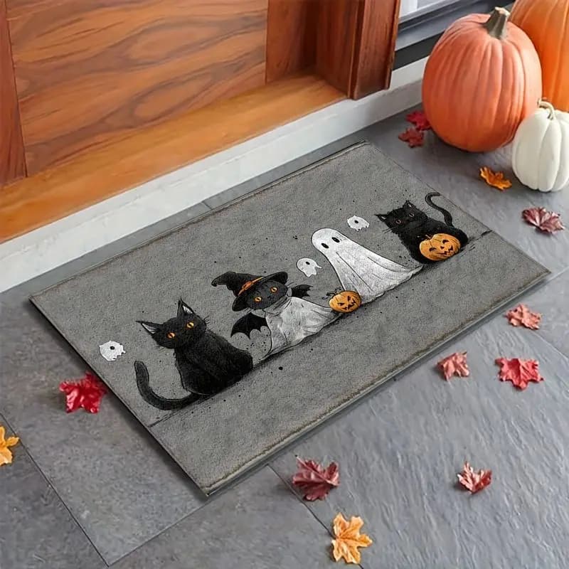 VIKAMA Halloween Front Door Mat Black Cat Pumpkin Ghost Pattern Non Slip Outdoor Doormat Entrance Indoor Fall Decor Rug