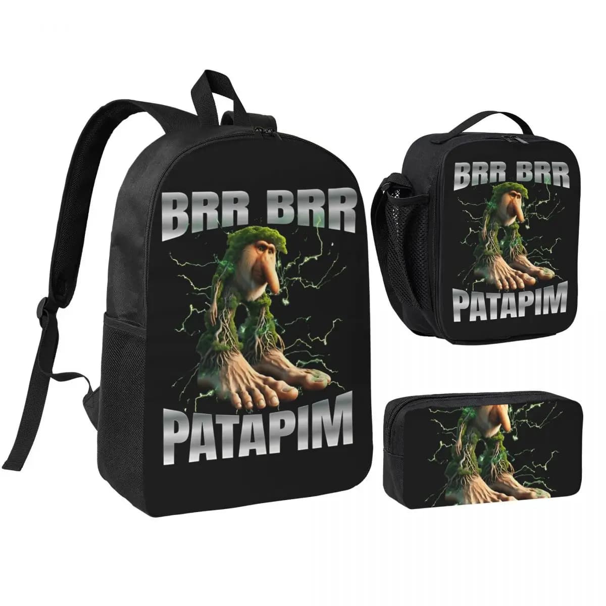 3pecs/set Funny Brr Brr Patapim Meme Backpack for Student Italian Brainrot High School Daypack Lunch bag Pencil Case