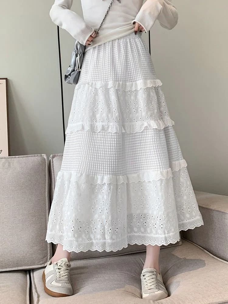 Nuova Gonna Lunga Estiva da Donna, Stile Vintage a Vita Alta, Elastica, Patchwork Bianco e Nero, Chic, Modello a Strati