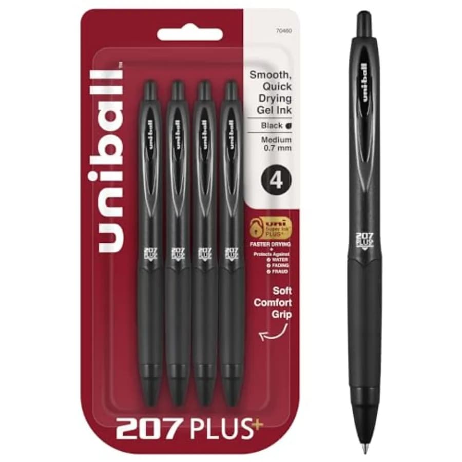 uniball 207 Plus+ Retractable Gel Pens, Point,, 4 Pack