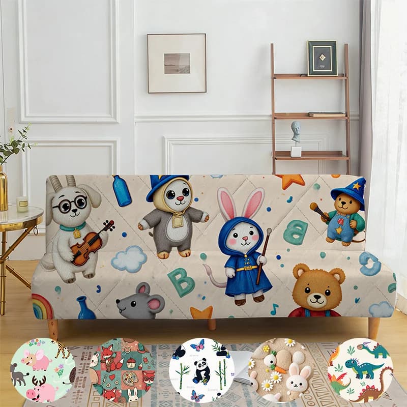 Copridivano con stampa animalier a cartoni animati, grazioso copridivano elastico con stampa di conigli e orsi, senza braccioli.