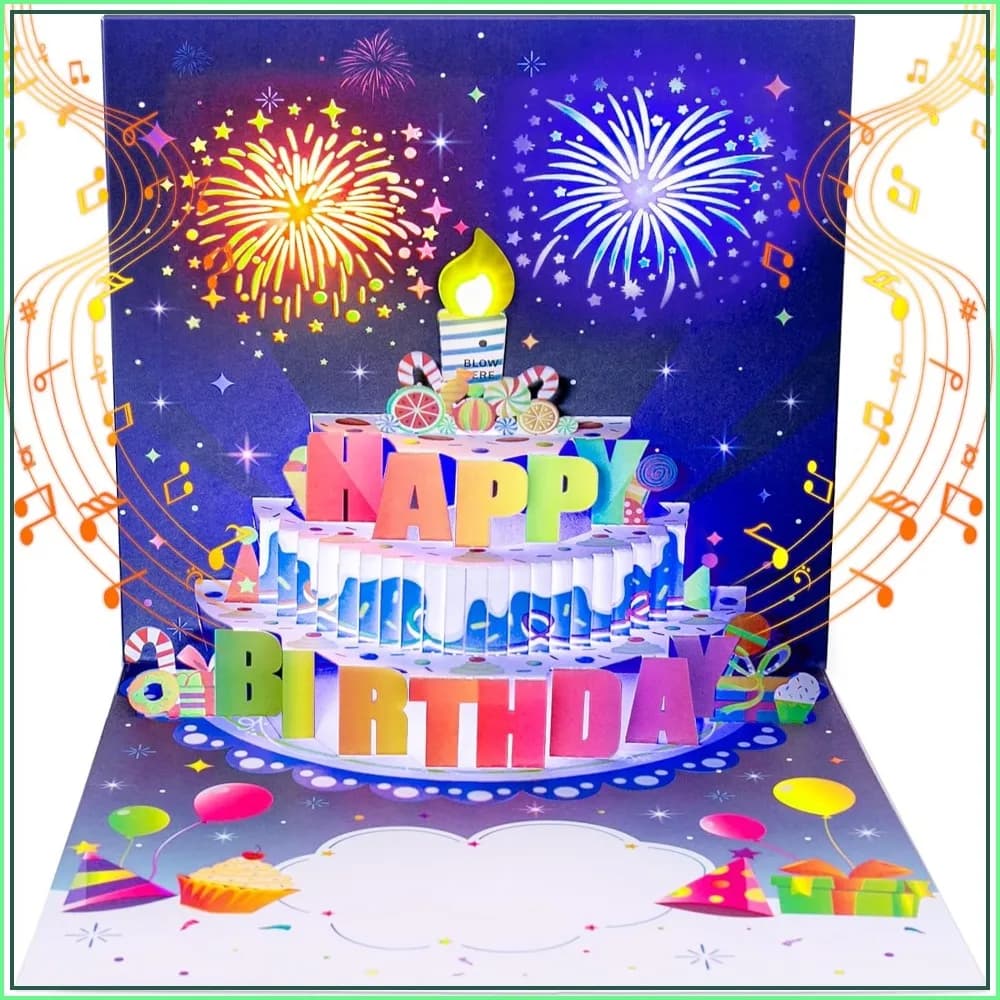 3D Pop Up Birthday Card with Light & Music - Fireworks Cake Design, Blowable Candle, Gift for Women Men Mom