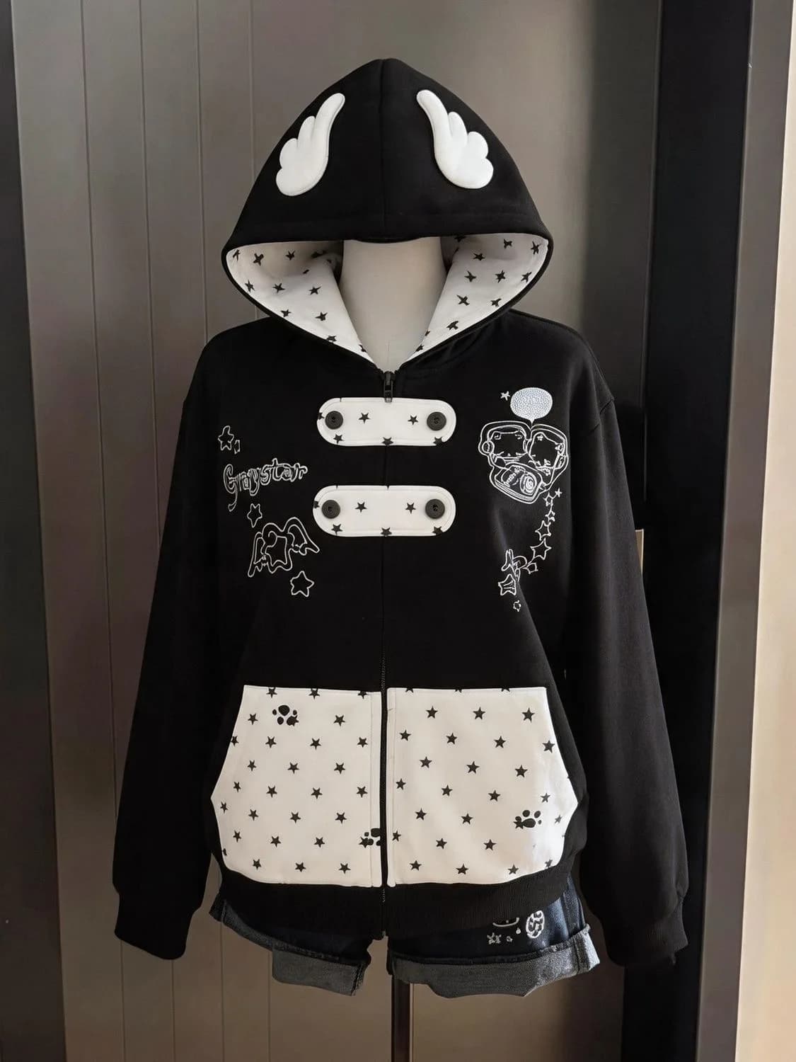 Women Y2K Zip Up Hoodie With 3D Ear Decor Star Print Patchwork Pocket Loose Cartoon Graphic Streetwear Hooded Jacket