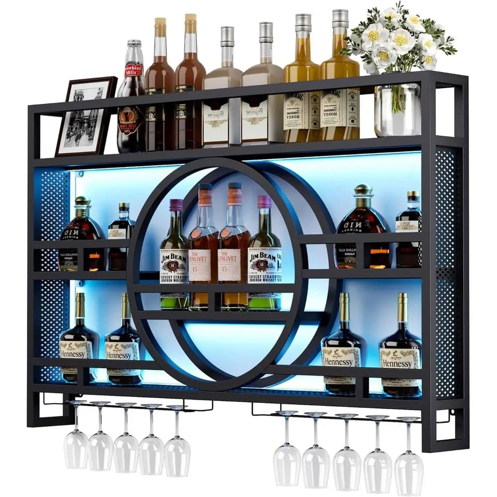 39 Wall-Mounted 3-Tier Wine Rack with LED Lights, Floating Bar Shelves & Wine Glass Holder