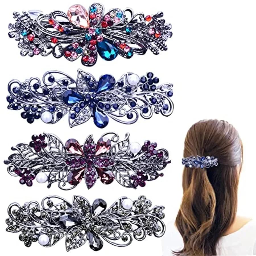 4 fermagli per capelli da donna, fermagli a molla con fiori, cristalli e strass, accessori moda donna