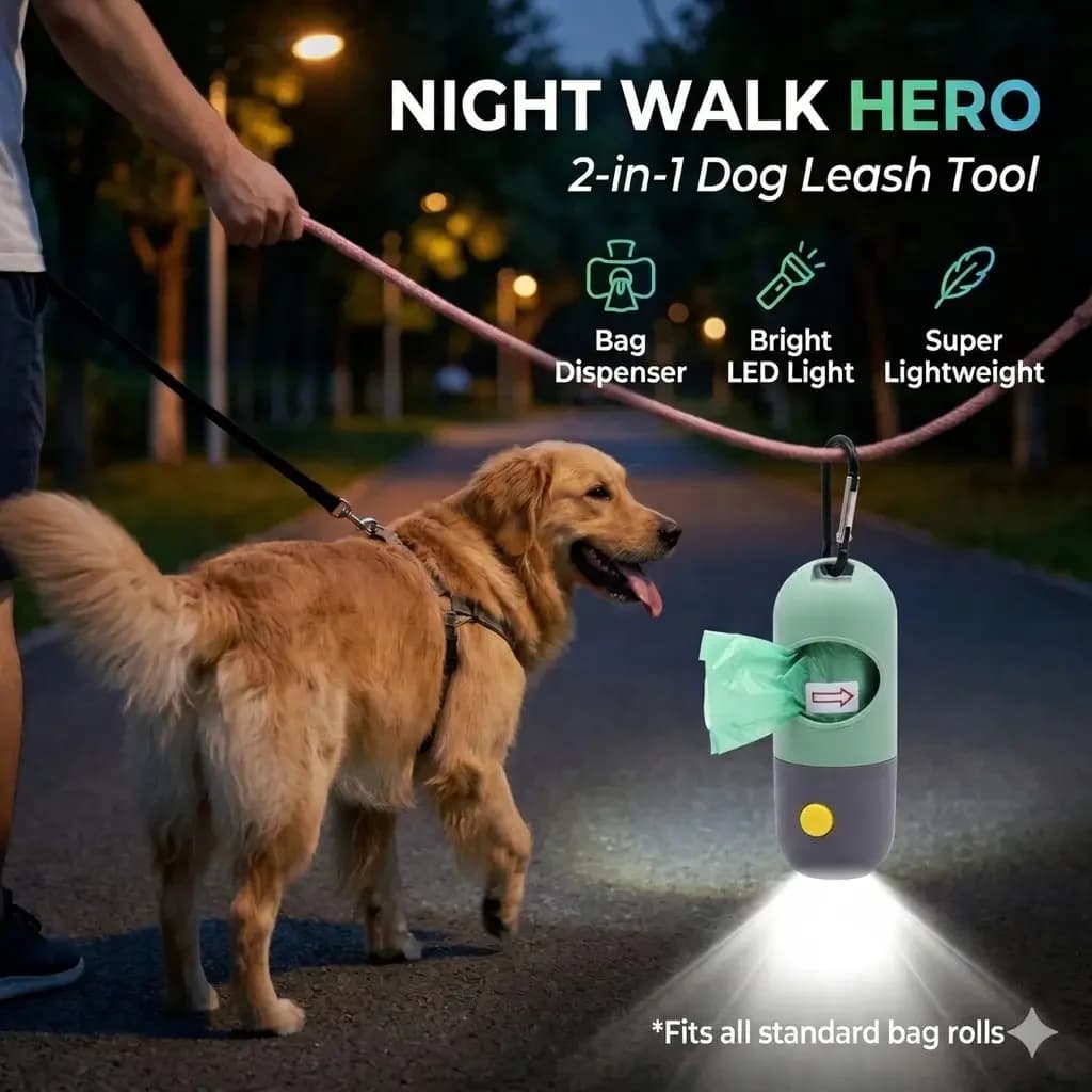 Porta Sacchetti per Escrementi di Cane 2-in-1 con Luce LED, Dispenser con Clip per Guinzaglio, Ideale per Passeggiate Notturne