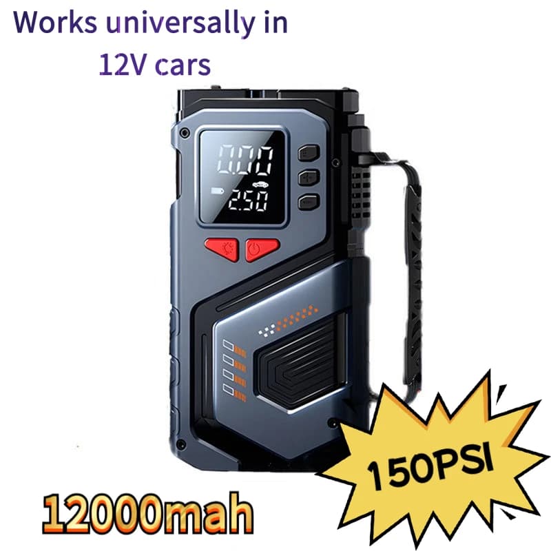 Dispositivo di Emergenza Portatile Wireless per Auto: Avviatore di Emergenza Integrato, Compressore d'Aria/Pompa con Monitoraggio della Pressione degli Pneumatici