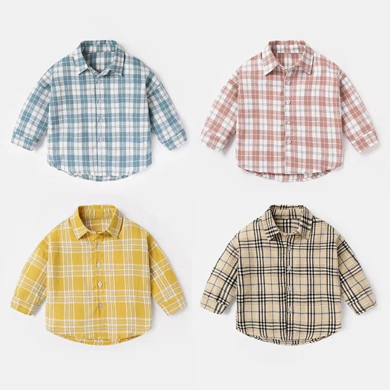 2026 New Classic Plaid Long Sleeve Kids Boys T-shirt for Girls Turn Down Collar Blouse Single Breasted Fitted Spring Baby Shirts